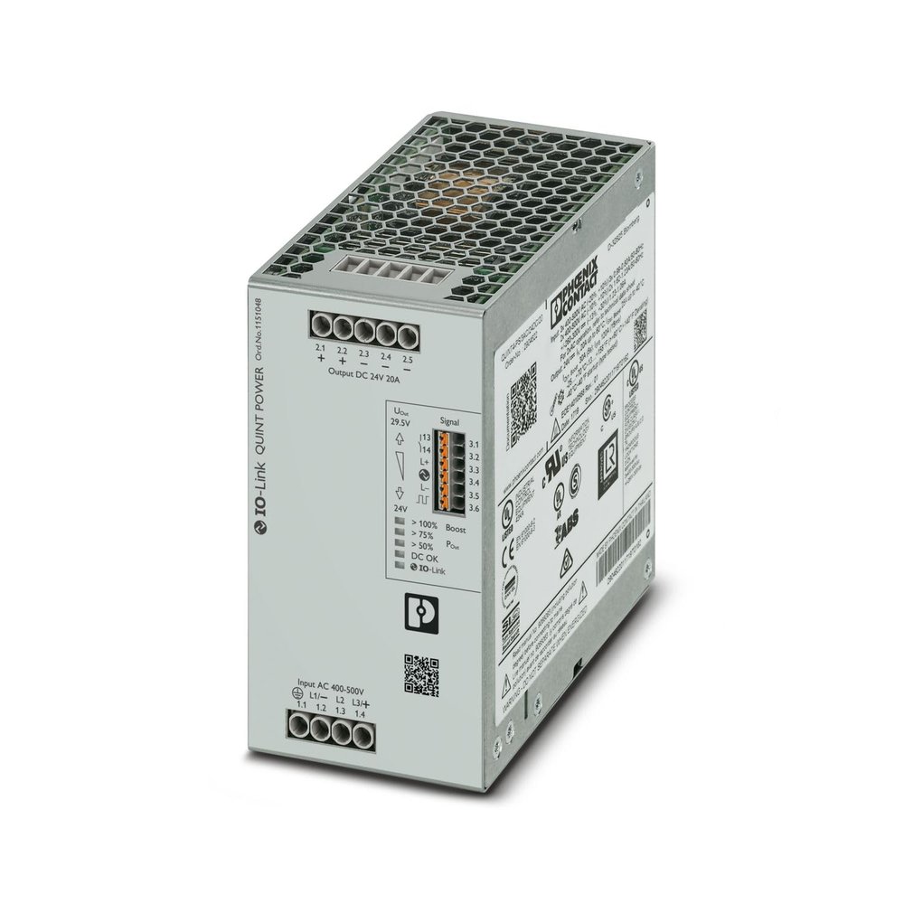 1151048, DIN Rail Power Supply, Input: 3-Phase, Output: 24 V DC / 20 A, QUINT4-PS/3AC/24DC/20/IOL