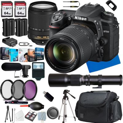 Nikon D7500 DSLR Camera with 18-140mm Lens+Shot-Gun Microphone+Photo Software Package+ Case+128 GIG Memory+500mm f/8.0 Telephoto preset Lens +Slave Flash+Tripod(13PC) Bundle
