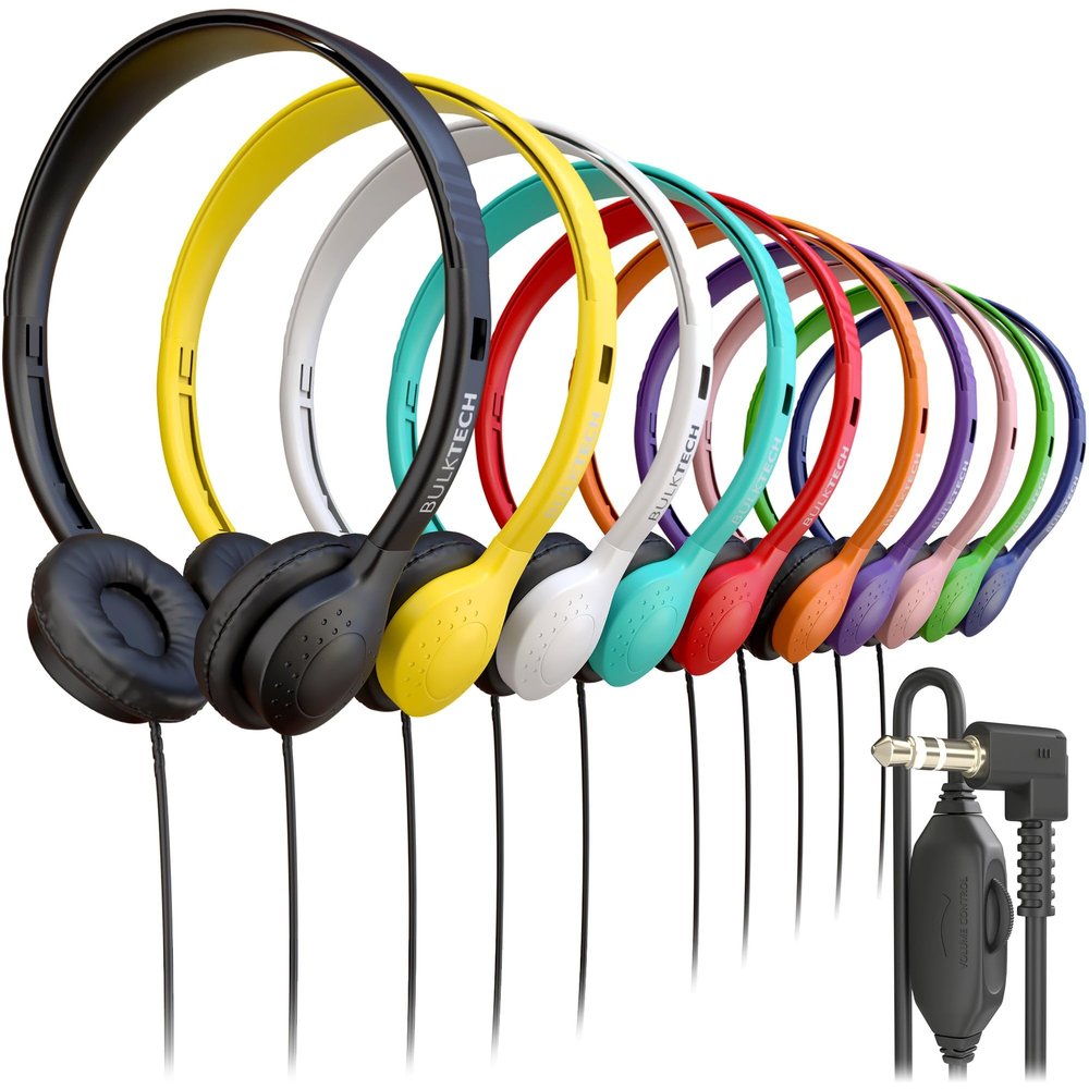 10 Pack Bulk Wired On-Ear Leather Headphones with 3.5mm Connector and Remote Control for Volume, Multi