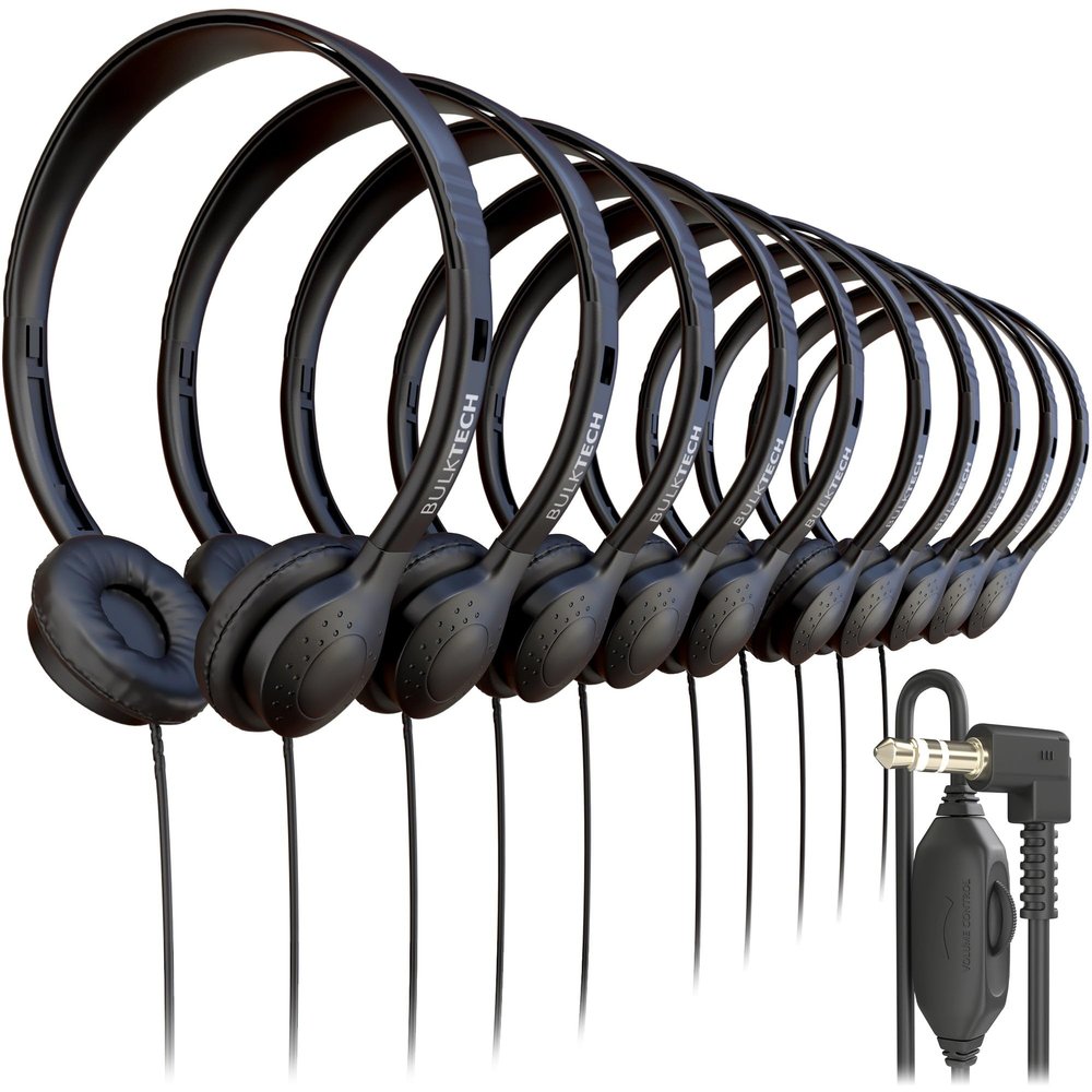 10 Pack Bulk Wired On-Ear Leather Headphones with 3.5mm Connector and Remote Control for Volume, Black