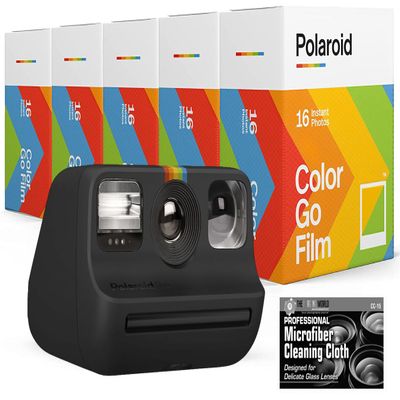 Polaroid Originals Bundle Go Instant Camera (Black) with 5 Double Packs (80 Prints) of Color Film and Microfiber Cloth