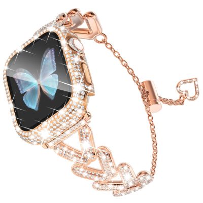 WINGLE Bling Band Case for Apple Watch Band Women 44mm SE 3/2/1 Series 6 5 4, Luxury Sparkle Rhinestone Crystal Metal Band Designer Chain Bracelet Diamond Screen Protector Case, 44 mm Rose Gold