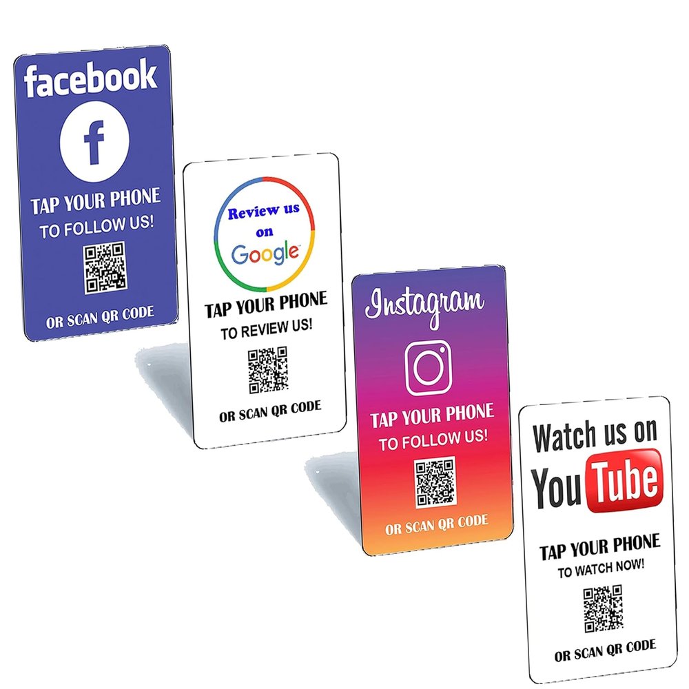 Tap and Share Contactless Sharing ( 4 PACK ) | Watch Us on YouTube | Instagram Connect | Review us on Google | Facebook Connect Card | Smart NFC+ QR code
