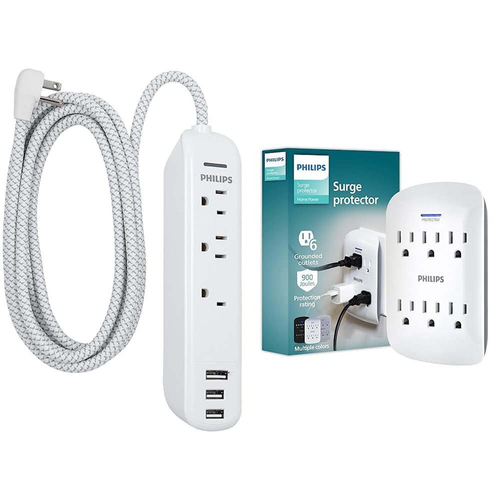Philips Accessories 3 Outlet Surge Protector Power Strip with 3 USB Ports & Philips 6-Outlet Extender Surge Protector