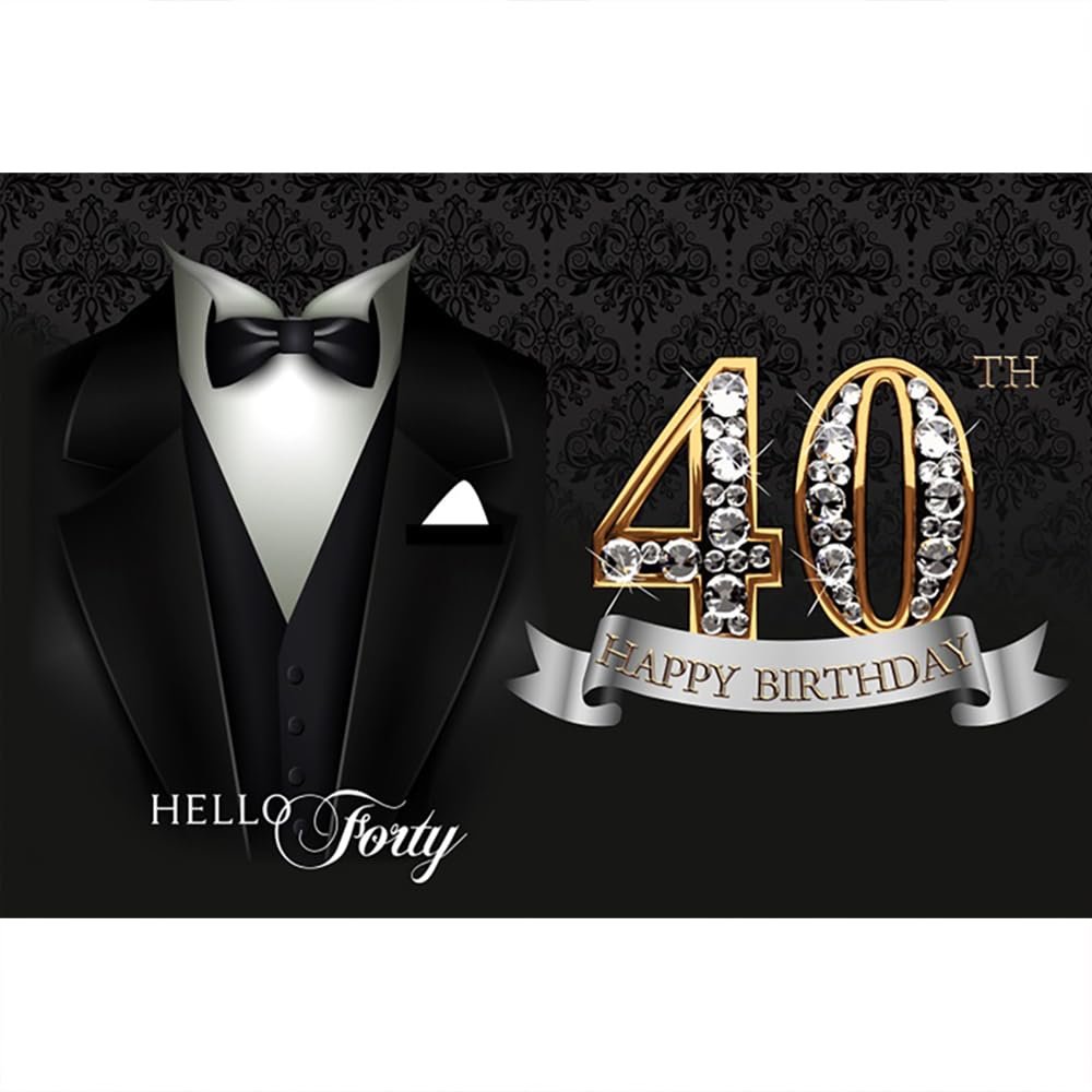 DORCEV 12x10ft Happy 40th Birthday Backdrop for Man Birthday Party Decorations Bow Tie White Shirt Suit Tuxedo Photography Backdrop Gentle Men Black Gold Diamonds Birthday Banquet Background Banner
