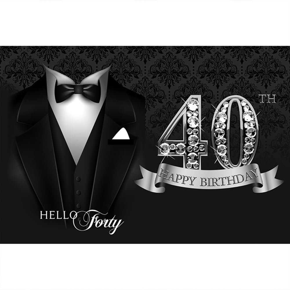 DORCEV 10x7ft Happy 40th Birthday Backdrop for Man Birthday Party Decorations Bow Tie White Shirt Suit Tuxedo Birthday Backdrop Gentle Men Black Silver Diamonds Birthday Banquet Background Banner