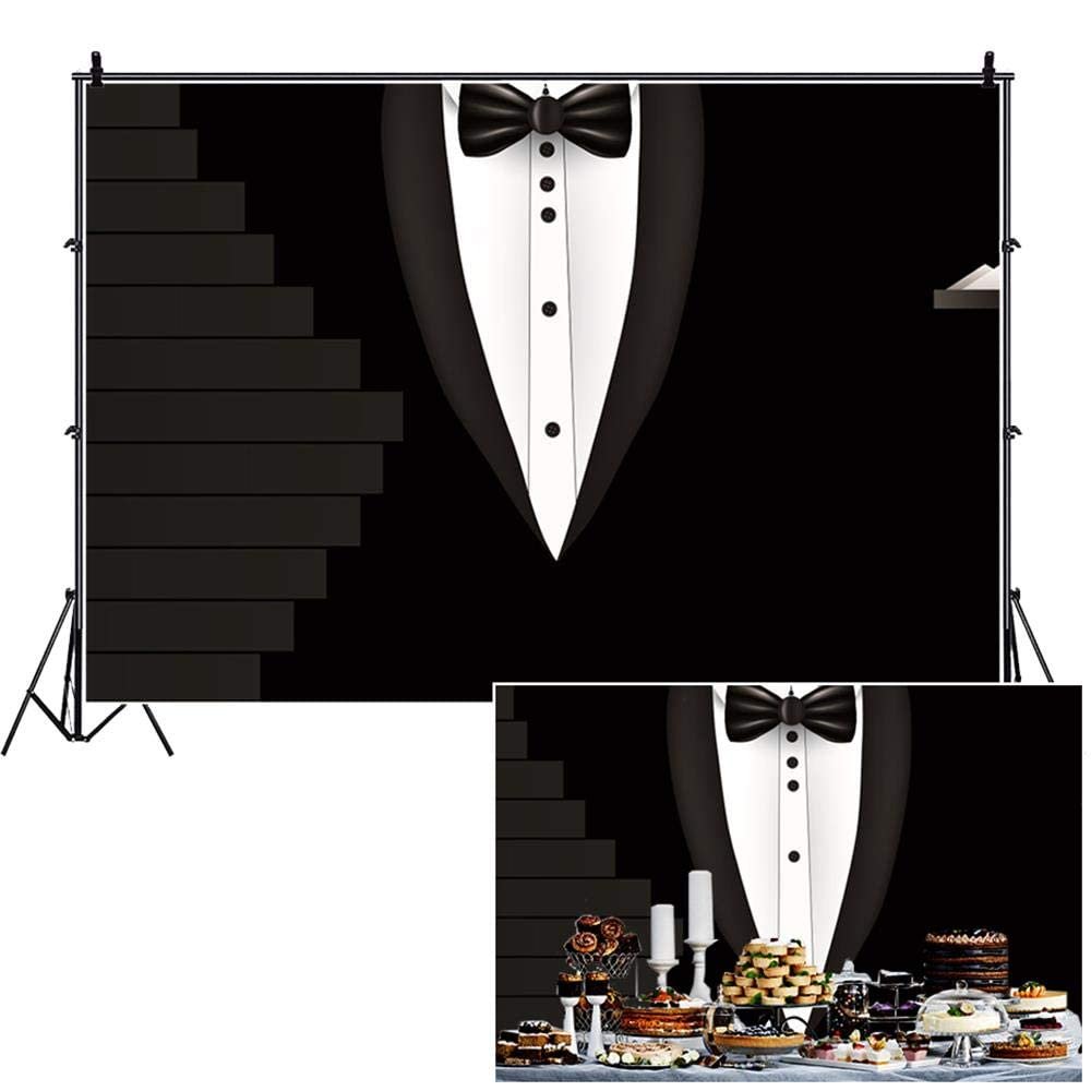 AOFOTO 12x8ft Classic Man Backdrop Black Gentleman Tuxedo Bow Tie Party Decorations Photography Background Groomsmen Tuxedo Suit Backdrop for Men Boss Day Banner Father's Day Birthday Photobooth Props