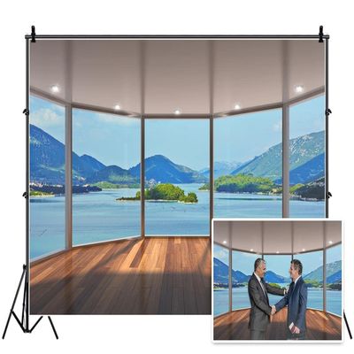 AOFOTO 15x10ft Business Office Sash Window Backdrop Seaview Room French Window Photography Background Wood Floor Casement Work at Home Interior Decor Photo Studio Props Success Job Man Vinyl Wallpaper