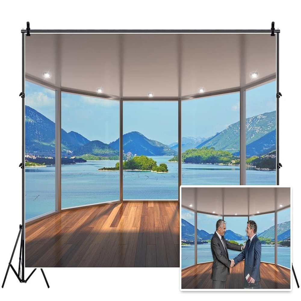 AOFOTO 15x10ft Business Office Sash Window Backdrop Seaview Room French Window Photography Background Wood Floor Casement Work at Home Interior Decor Photo Studio Props Success Job Man Vinyl Wallpaper