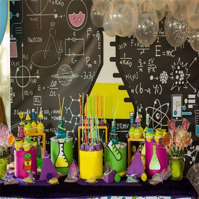 AOFOTO 20x10ft Creative Backdrops for Pictures Chemistry Classroom Blackboard Test Tubes Balloons Cakes Candy Photography Background Boy Happy Birthday Portraits Shooting Photo Studio Drapes