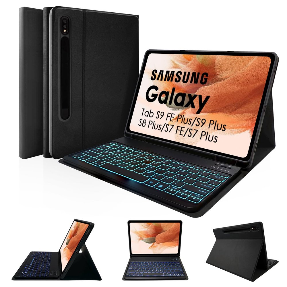 LAMA Backlit Keyboard Case for Samsung Galaxy 12.4 inch S10 Plus/S9 FE+/S9+/S8+, 12.4" S7 FE/S7 Plus Detachable Case with Keyboard and S Pen Holder,Black
