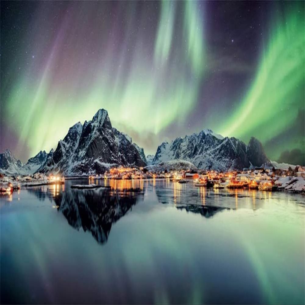 AOFOTO 20x10ft Lights in The Northern Night Sky Mountains Lake Scenery Photo Backdrop Snowy Glacier Coastline Landscape Norway Island Fishing Village Travel Photography Background Photo Studio Props