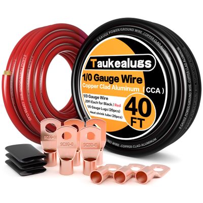 1/0 Battery Cable 0 Gauge Amp Wire 40FT CCA Copper Clad Aluminum Wiring Kit- Automotive Power Ground Cable for Car Audio, Inverter, RV Truck with Pure Copper Lugs & Heat Shrink Tube - Black/Red