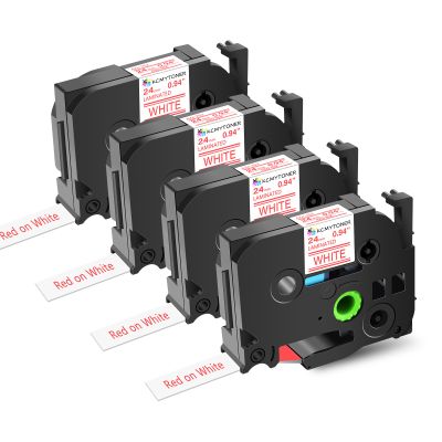 KCMYTONER 4 Pack Compatible for TZe-252 TZe252 TZ252 TZ-252 Laminated Ptouch Label Tape 24mm 0.94 Inch Red on White Tape for PT-P910BT PT-P950NW PT-D800W PT-E800W Label Maker