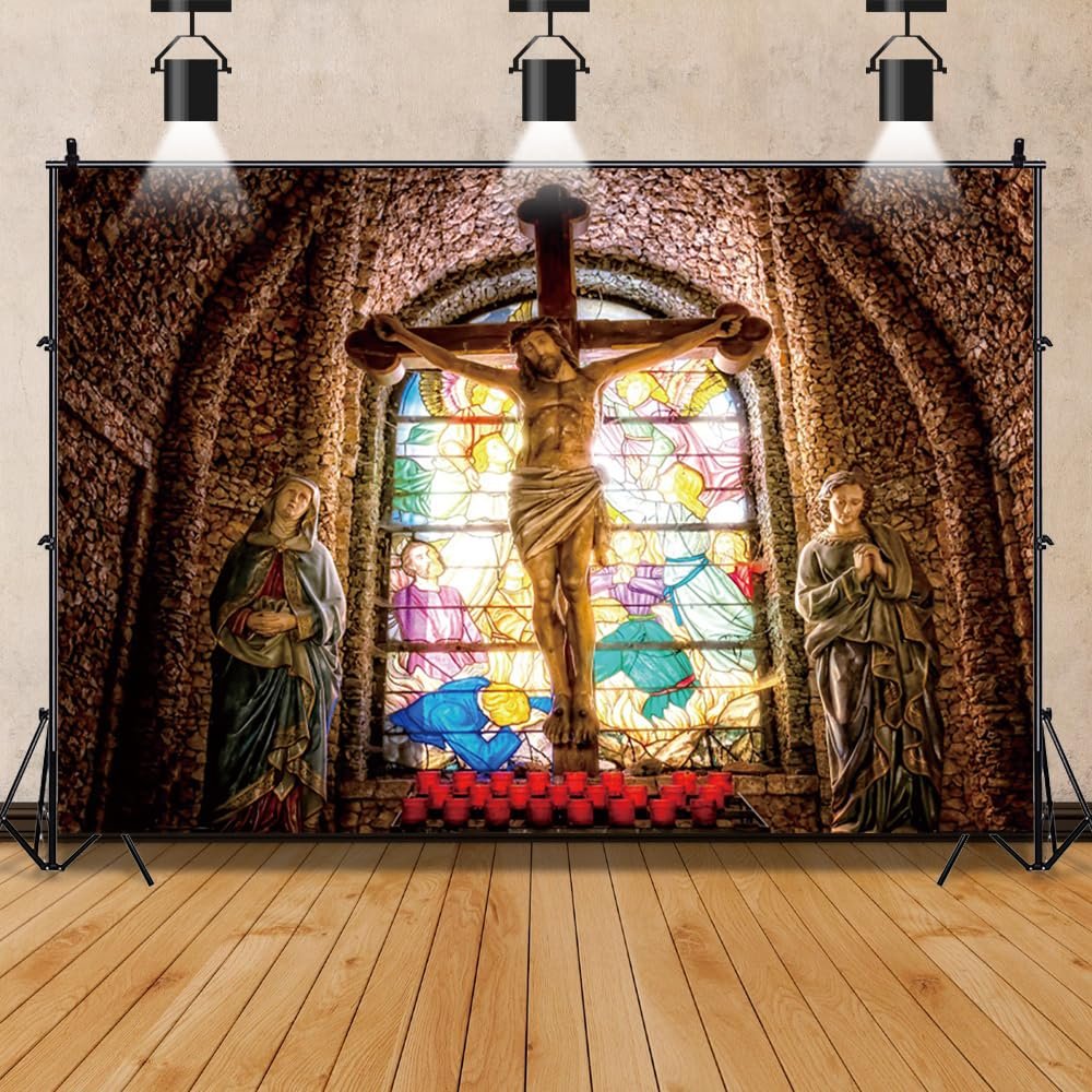 12x10ft Vintage Christian Cross Photography Background Grunge Graffiti Stained Glass Stone Walls Christian Church Backdrop Jesus Christ God Bless Baptism Baby Shower Photo Portrait Vinyl Studio Prop