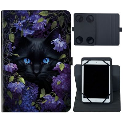 6 7 Inch Tablet Case,Universal Case for 6-7 Inch Tablet eReader,7" Kindle Series e-Reader Tablet Stand Folio Shell Cover with 360 Degree Rotatable Kickstand Multiple Viewing,Black Cat Flower