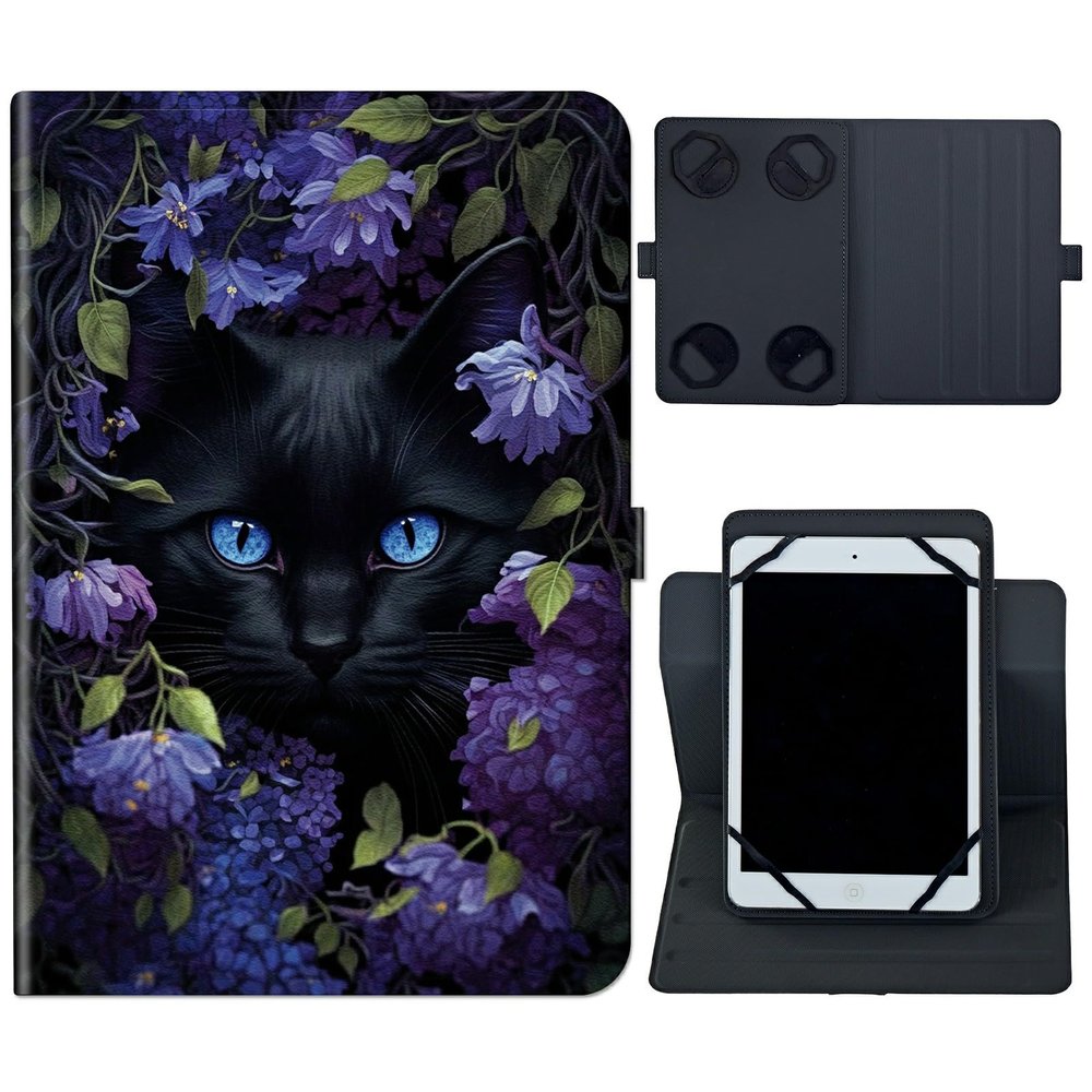 6 7 Inch Tablet Case,Universal Case for 6-7 Inch Tablet eReader,7" Kindle Series e-Reader Tablet Stand Folio Shell Cover with 360 Degree Rotatable Kickstand Multiple Viewing,Black Cat Flower