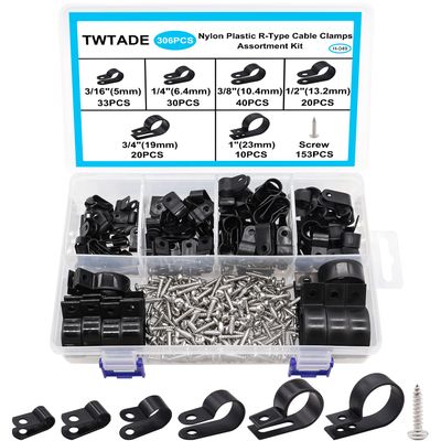 TWTADE 306PCS Black Cable Clamps Nylon Plastic R-Type 6 Sizes 3/16'' 1/4'' 3/8'' 1/2'' 3/4'' 1'' Cable Mounting Wire Clips Assortment Kit with Screws for Wire Management H-049