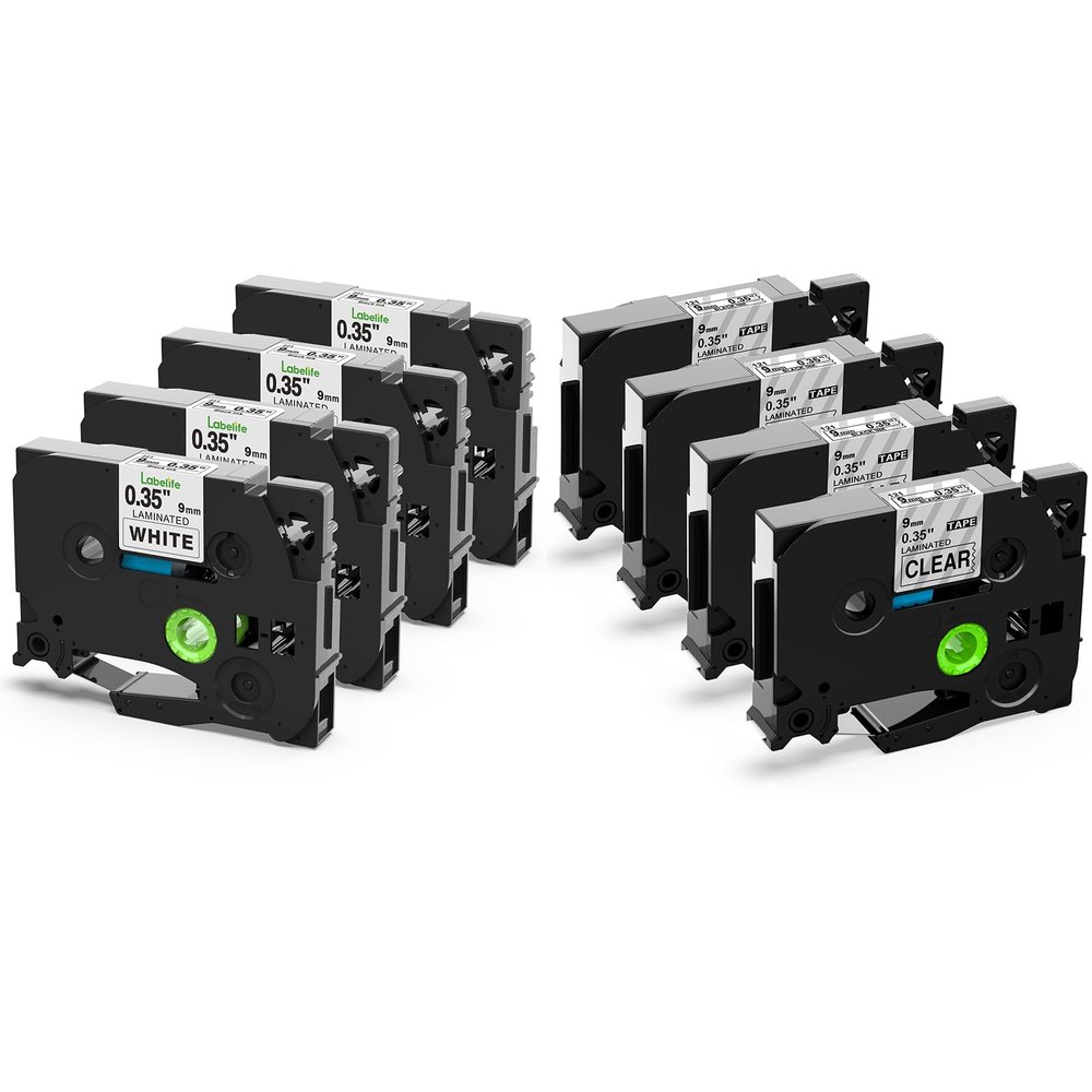 4 White + 4 Clear 9mm Label Tape Compatible Brother Ptouch TZe-121 Black on Clear Bundle with TZe-221 Black on White for P Touch PT-D210 PTH110 PT-D220 PTD600