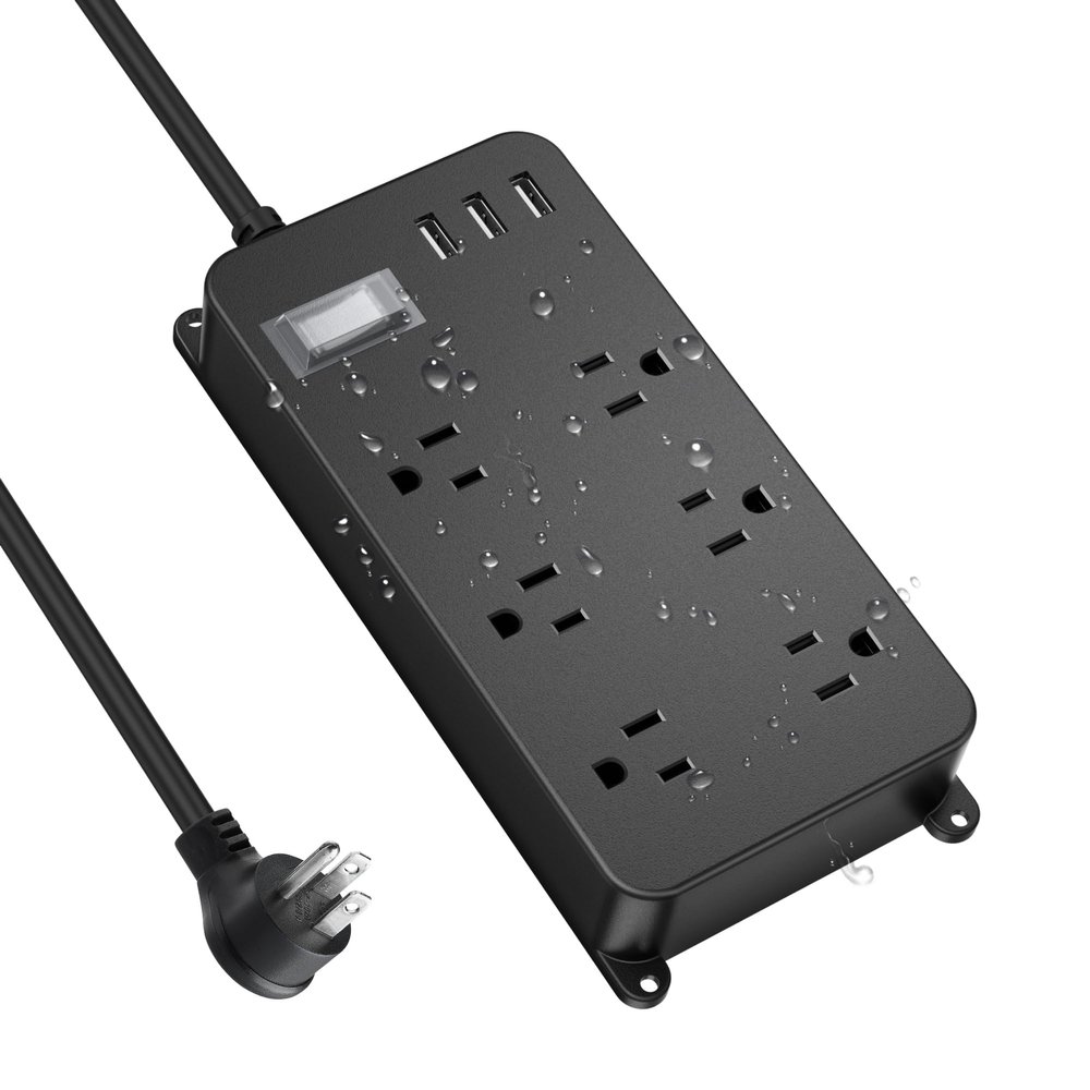 Outdoor Power Strip Weatherproof with USB,Waterproof Surge Protector,3 USB Ports, 6 Outlets,Multi Plug Electrical Outlet for Camping,Garden,Home Office Patio Porch,etc,15FT Cord,Flat Plug
