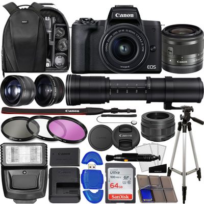 Canon EOS M50 Mark II Mirrorless Digital SLR with 15-45mm Lens (Black) + 420-800mm Super Zoom Lens, Wide Angle Lens, Telephoto Lens, 64GB Memory Card, 3pc Filter Kit, Tripod, Card Reader + Pro Bundle (Renewed)