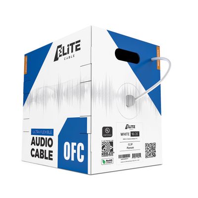 Elite 16/2 Plenum Speaker Wire Cable, 16AWG/2-Conductor, Stranded, UL Listed, CMP/CL3P, Plenum/in-Wall, 100% Oxygen Free Pure Bare Copper (OFC), 1000ft, White