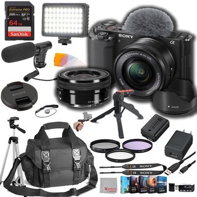 Sony ZV-E10 Mirrorless Camera with 16-50mm Lens, 64GB Memory, Microphone, LED Light, Case, Tripod, Filters, Hood, Grip & Professional Photo Editing Software Kit