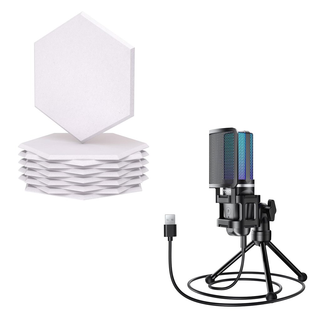 TONOR Gaming USB Microphone for PC TC777 Pro, Bundle with 12 Pack Hexagon Acoustic Panels White