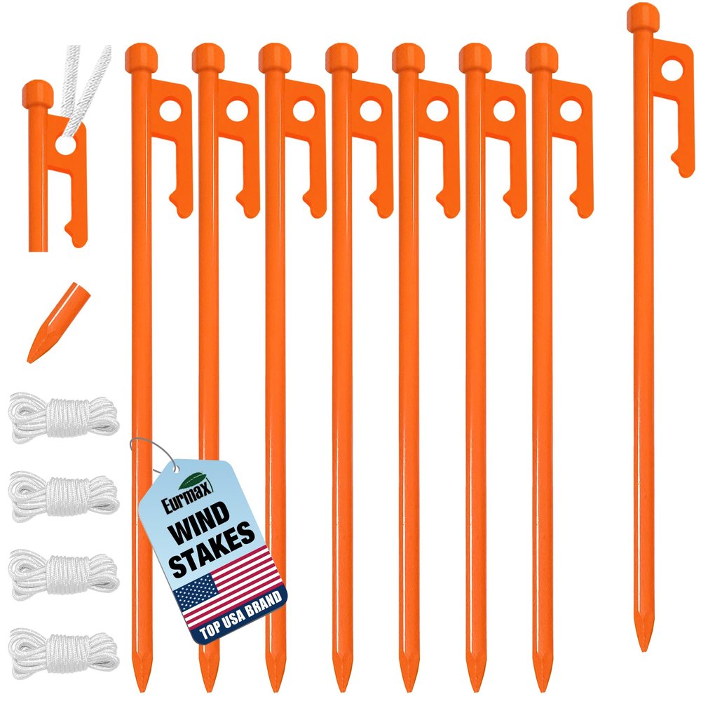 Eurmax USA 8-Pack Secure Protection Galvanized Tent Stakes,Rust-Proof Steel Canopy Anchors for High Winds,Heavy Duty Commercial Ground Pegs for Camping,Pop Up Tent&Gazebo -Includes 4x10ft Ropes,Orange