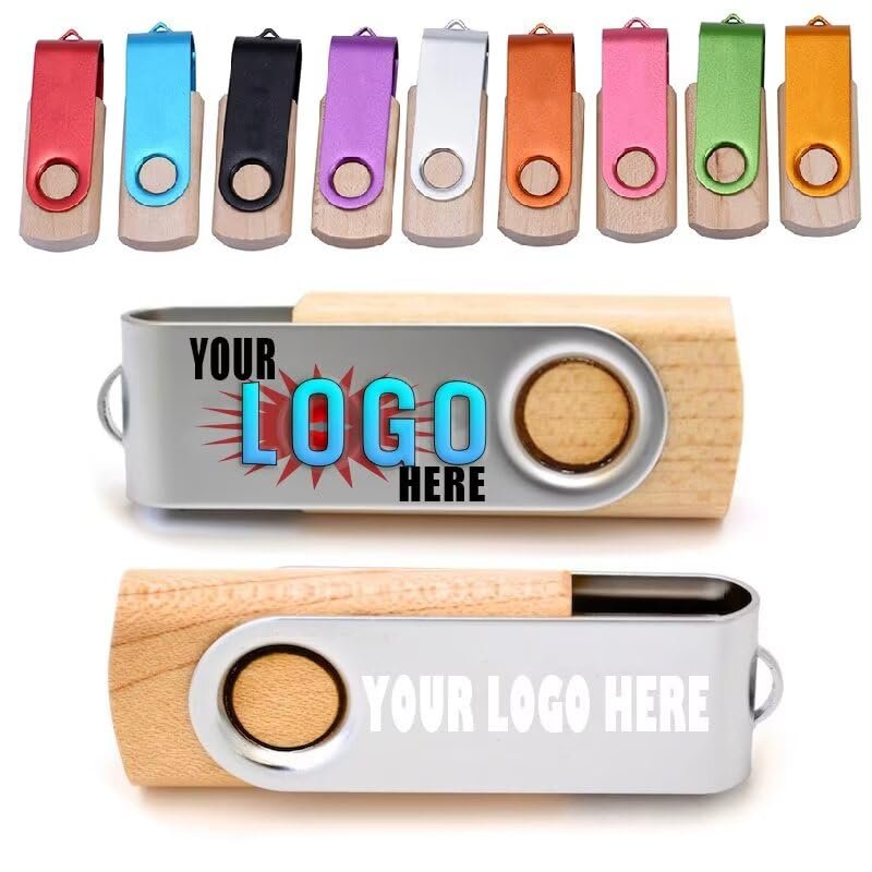 25pcs 1GB Custom Wooden Swivel USB Flash Drive with Personal Logo/Brand Printed, Customized Thumb Drive for Promotion, Personalized USB Stick