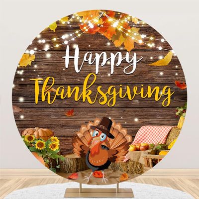 DORCEV Diameter 7.5ft Happy Thanksgiving Round Backdrop Cover Turkey Rustic Plank Maple Leaves Autumn Season Farmhouse Circle Photography Background for Kids Birthday Party Decor Baby Shower Supplies