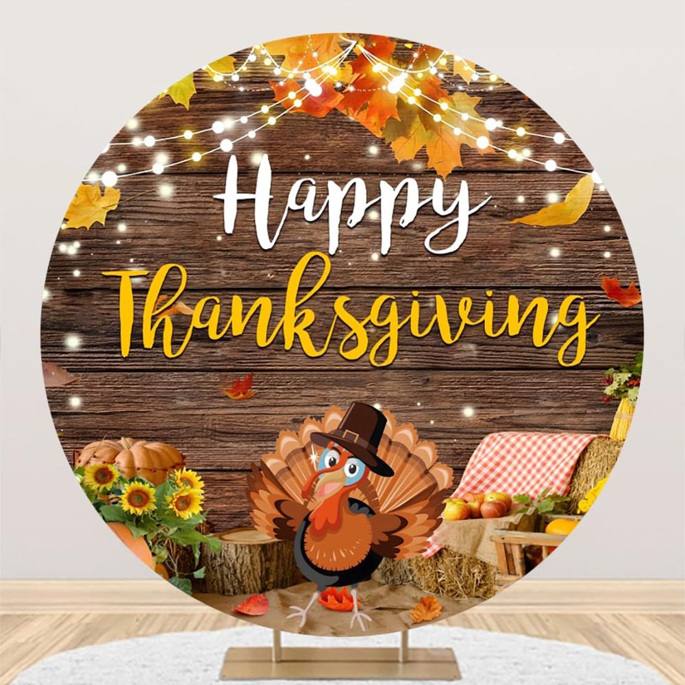DORCEV Diameter 7.5ft Happy Thanksgiving Round Backdrop Cover Turkey Rustic Plank Maple Leaves Autumn Season Farmhouse Circle Photography Background for Kids Birthday Party Decor Baby Shower Supplies