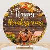 DORCEV Diameter 7.5ft Happy Thanksgiving Round Backdrop Cover Turkey Rustic Plank Maple Leaves Autumn Season Farmhouse Circle Photography Background for Kids Birthday Party Decor Baby Shower Supplies view 1