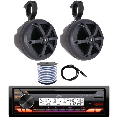 JVC Single DIN Marine Bluetooth USB AUX AM/FM CD Player Receiver Bundle Combo with 6.5" 2-Way 100W Max Power Boat Speakers (1 Pair), 6.5" Black Unloaded Speaker Pods (1 Pair), Wire, Antenna
