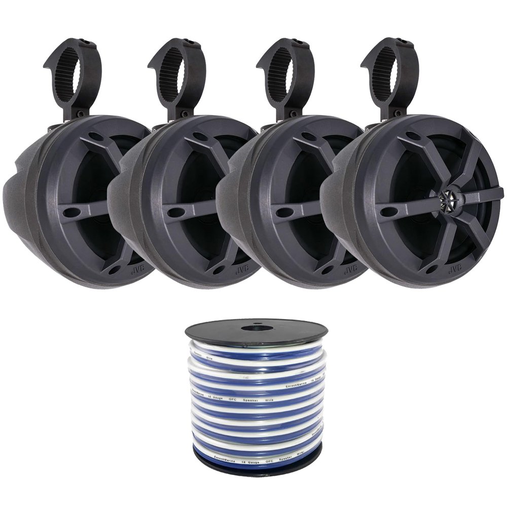 2 Pairs (Qty 4) of JVC 6.5" 2-Way 100 Watt Max Power Marine Audio Speakers Bundle Combo with 2 Pairs (Qty 4) of 6.5" UV Treated PowerSports Black Unloaded Speaker Pods Enclosures, Wire