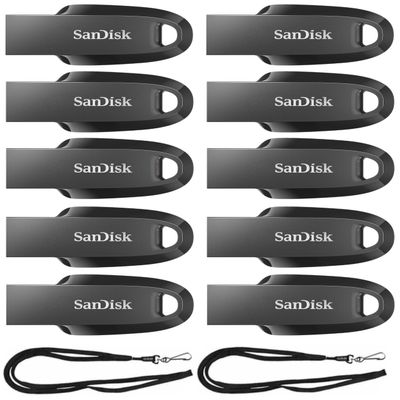 SanDisk 128GB Ultra Curve USB 3.2 Flash Drive SDCZ550-128G (10 Pack) Bundle with (2) GoRAM Black Lanyards (128GB)