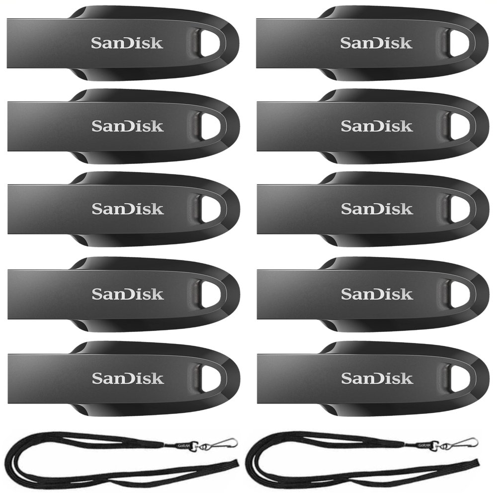 SanDisk 128GB Ultra Curve USB 3.2 Flash Drive SDCZ550-128G (10 Pack) Bundle with (2) GoRAM Black Lanyards (128GB)