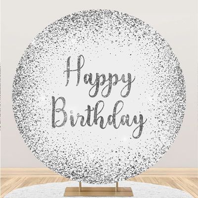 Laeacco 7.2x7.2ft Silver Birthday Round Backdrop Luxurious Silver Sequins Not Glitter Circle Backdrop Cover Grey White Happy Birthday Photo Background for Kid Adult Birthday Party Portrait Booth Props