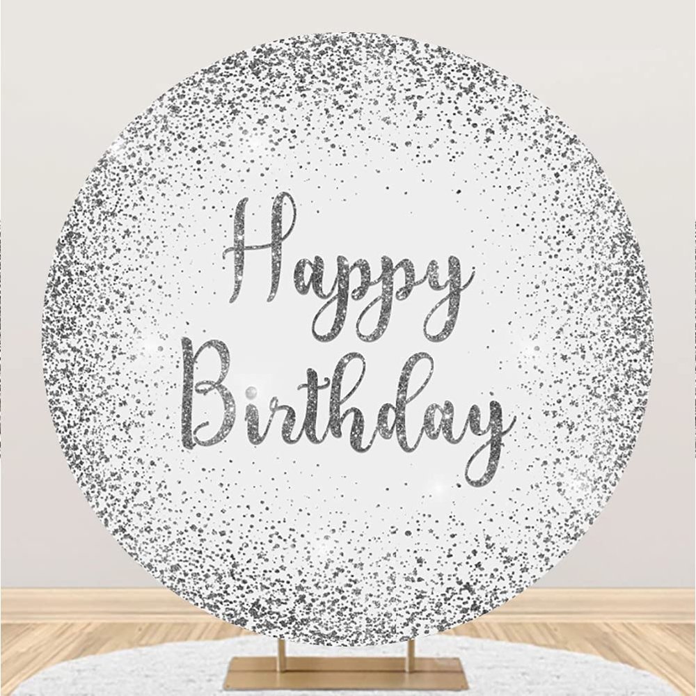 Laeacco 7.2x7.2ft Silver Birthday Round Backdrop Luxurious Silver Sequins Not Glitter Circle Backdrop Cover Grey White Happy Birthday Photo Background for Kid Adult Birthday Party Portrait Booth Props