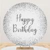 Laeacco 7.2x7.2ft Silver Birthday Round Backdrop Luxurious Silver Sequins Not Glitter Circle Backdrop Cover Grey White Happy Birthday Photo Background for Kid Adult Birthday Party Portrait Booth Props view 1
