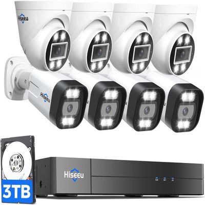 [121 Wide Angle+2-Way Audio] Hiseeu 4K Security Camera System,8pcs 5MP PoE Security Cameras Wired Outdoor,Human Vehicle Detect,Color Night Vision,NVR 16CH Expandable w/3TB HDD for 24/7 Record