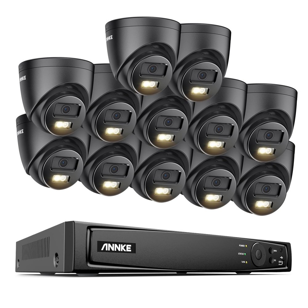 ANNKE AH500 16CH PoE Security Camera System, 12Pcs 3K Security Outdoor IP Cameras with Spotlight, Color Night Vision, AI Human Detection, Remote Access, No HDD - Black