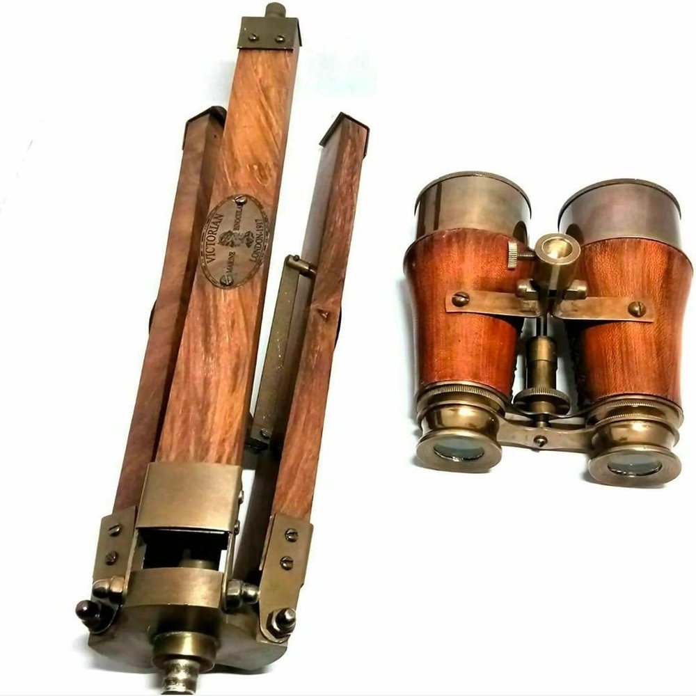 Binocular Brass Stand Tripod Telescope Nautical Antique Wooden Marine Table Standing Top Style Decorative Gift