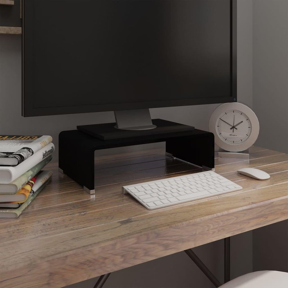 WEMYUFURN TV Stand/Monitor Riser Glass Black 15.7"x9.8"x4.3", Monitor Stand Riser, Computer Monitor Riser, Computer Stand, Compatible Computer, Desktop, Laptop, Save Space