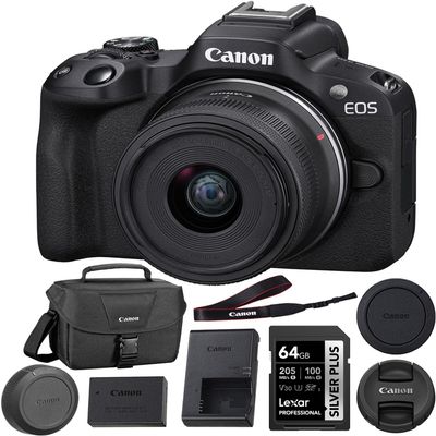 Canon EOS R50 Mirrorless Camera with 18-45mm Lens (Black) Bundle with 64GB Memory Card + Canon 200ES EOS Shoulder Bag (3 Items)