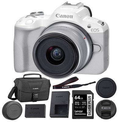 Canon EOS R50 Mirrorless Camera with 18-45mm Lens (White) Bundle with 64GB Memory Card + Canon 200ES EOS Shoulder Bag (3 Items)