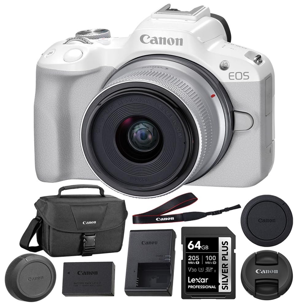 Canon EOS R50 Mirrorless Camera with 18-45mm Lens (White) Bundle with 64GB Memory Card + Canon 200ES EOS Shoulder Bag (3 Items)