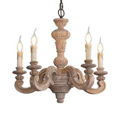 Ashes Ceiling Pendant Light, French V-intage Adjustable Chandeliers, Wood Art Carving Candle-Style Hanging Light for Living Room Hallway Dining Room Kitchen Bedroom Pendant Lamp (Color : Wood Color)