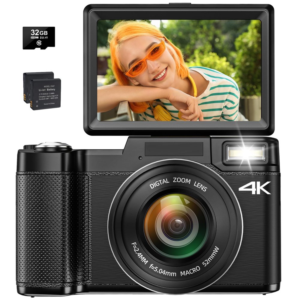 4K Digital Camera for Photography, Autofocus 48MP Vlogging Camera for YouTube with 16X Digital Zoom Macro Camera, 3180Flip Screen Compact Video Camera with Liftable Flash, SD Card&2 Batteries