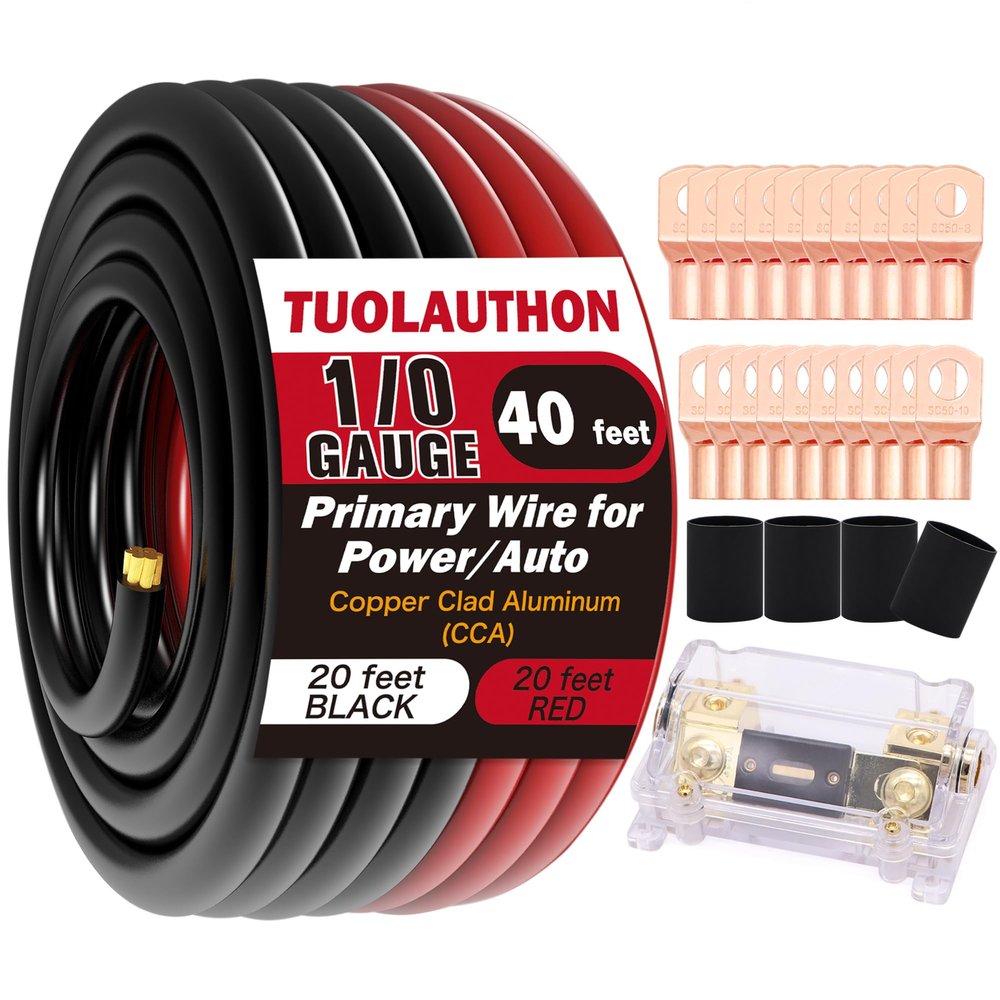1/0 Gauge Wire Copper Clad Aluminum CCA-Car Amplifier Power & Ground Cable,Primary Automotive Wire,Battery Cable for Car Audio Speaker,Solar, Auto, Marine & RV Trailer(20ft Black+20ft Red)